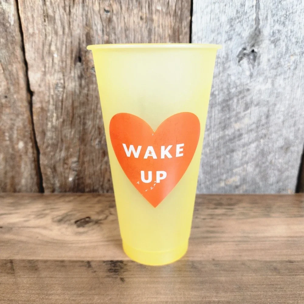 Starbucks Reusable Cold Cup Yellow Frosted Orange Heart Wake Up Venti Tumbler